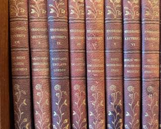 Antique leather-bound volumes of John L. Stoddard's Lectures, a classic 19th- and early 20th-century travel lecture series written by American lecturer and writer John Lawson Stoddard. Set is 12 books that includes volumes I through 7, volumes 9-11, and “Canada 2 Lectures Gibraltar Canada,” “South Tyrol Around Lake Garda The Dolomites,” and “Ireland 2 Lectures Denmark Sweden”