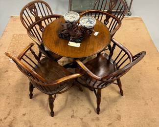 Four antique English hand-crafted Windsor-style armchairs with curved hoop back, turned legs and carved central back splat, circa 1780, with marvelous character; and a tilt-top pedestal tea table – just some of the furniture you'll find at this sale, from mid-century modern to 18th and 19th century.  