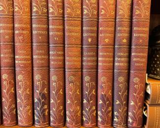 Antique leather-bound volumes of John L. Stoddard's Lectures, a classic 19th- and early 20th-century travel lecture series written by American lecturer and writer John Lawson Stoddard. Set is 12 books that includes volumes I through 7, volumes 9-11, and “Canada 2 Lectures Gibraltar Canada,” “South Tyrol Around Lake Garda The Dolomites,” and “Ireland 2 Lectures Denmark Sweden”