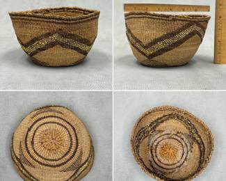 An old Klamath Tribes / Maklaks hand-woven, twined basket or basket hat with dark browns and yellow/cream overlay in geometric mountain peak motif; 7"W x 4"H