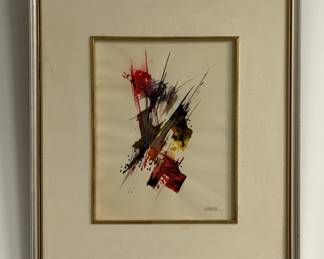 "Space Dynamics," watercolor painting by Leonardo Nierman, 10 x 14", signed lower right, framed; reverse with hand-written title of painting and dedication "For Audrey and John with my deepest affection L Nierman 1975"