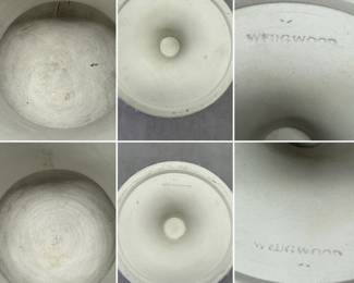 More views of the pair of antique large Wedgwood dark blue dip jasperware double-handled urn shaped vases, 10"H, adorned with finely modeled neoclassical applied sprig decoration. Impressed 'WEDGWOOD' mark on the base.