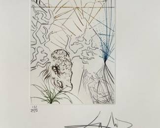 Closeup view of Salvador Dali's "The Merry Wives of Windsor" drypoint etching with color from Dali's Shakespeare II suite, 1971,  hand signed and numbered 131/250.  Image is 5"x7", sheet is 17-1/2 x 12-1/4 inches. Full suite available at this sale.