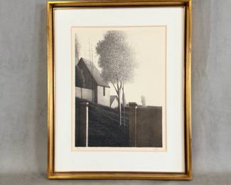 "Gateposts and Dusk" limited edition lithograph print by Robert Kipniss, signed, #144/250, from the 'Kipniss: Interiors and Backyards' portfolio. Lithograph is 12"W x 16"H, framed size 19-1/4"W x 23-3/4"H.