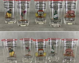 A set of 5 vintage retro barware German drinking glasses featuring colorful illustrations and lyrics from the traditional novelty song Schnitzelbank