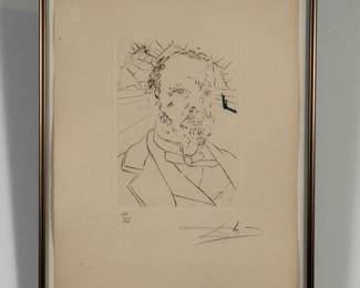 Salvador Dali's "Louis Pasteur" drypoint etching with color from Dali’s "Medicine and Science" suite of 8 engravings, 1970, 5 x 8.5", hand-signed and marked with edition #121/125, framed.