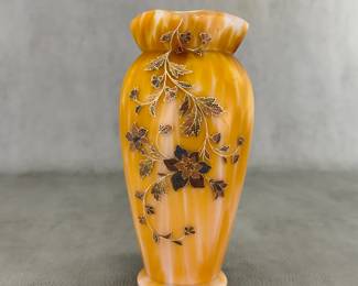 Antique art glass vase, 8-1/4" tall, circa 1890, butterscotch yellow and white cased glass, with hand-painted floral decoration