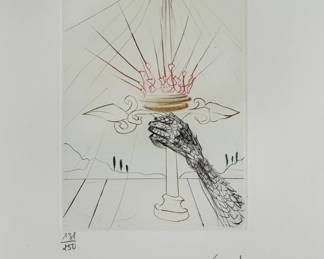 Closeup view of Salvador Dali's "King John" drypoint etching with color from Dali's Shakespeare II suite, 1971,  hand signed and numbered 131/250.  Image is 5"x7", sheet is 17-1/2 x 12-1/4 inches. Full suite available at this sale.