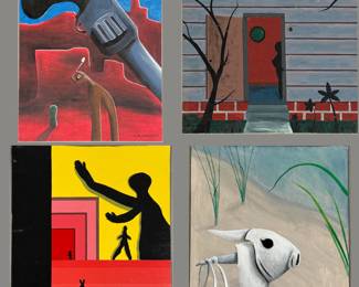 Original paintings by outsider artist Dennis L. Olejarczyk of Muskegon, Michigan. Paint on board. “The Serpent” dated 1990, signed, size 18”W x 22”H; “Dispair House” dated ‘96, signed, size 21-1/2”W x 20”H; “Dumb Shadows” dated ‘96, signed, size 20”W x 22”H; untitled, dated ‘03, signed, size 13.5”W x 15”H.