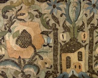 Closeup of the beautiful 18th/19th century antique embroidered textile fragment from an Ottoman peshtemal towel, elaborately embroidered with silk and extensive use of twisted gold and silver-toned metal threads (dallal or metallic couching.) Fabric is 7" high by 21" wide; framed size is 11-1/2" high by 25-3/8"W