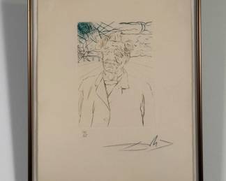 Salvador Dali's "Albert Schweitzer" drypoint etching with color from Dali’s "Medicine and Science" suite of 8 engravings, 1970, 5 x 8.5", hand-signed and marked with edition #121/125, framed.