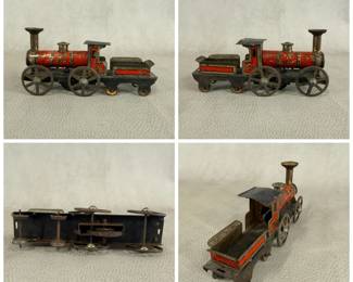 Antique Hess #575 miniature locomotive and tender lithographed tinplate clockwork penny toy train, late 1800s/early 1900s.