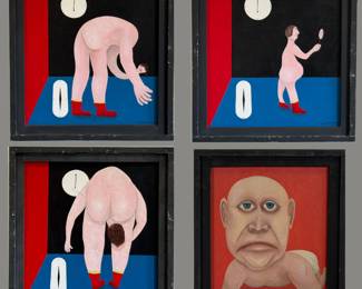 Original framed paintings by Dennis L. Olejarczyk, outsider artist from Muskegon, Michigan. "Inspection Time 3 of 5", "Inspection Time 4 of 5," "Inspection Time 2 of 5," each signed and dated '96, and "The Big Frown" signed and dated '02.