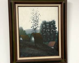 Robert Kipniss (American, b. 1931); "Highlands" a framed, signed oil on canvas landscape artwork of cabins or sheds nestled among dark trees beneath a pale, overcast sky.  Painting is 15.5" X 19.5", framed size overall 27-1/8" x 23-3/16"