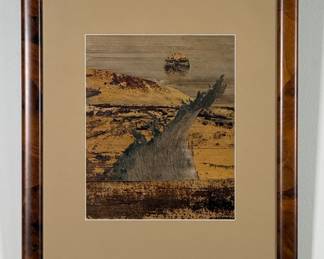 Banana bark artwork landscape scene (1 of 2), 8" x 10", handmade by artisan in Hawai`i, meticulously constructed by layering and arranging pieces of natural dried banana plant fibers and bark. Matted and framed size 15"W x 17"H.
