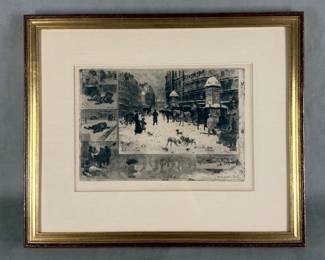 Félix-Hilaire Buhot (France, 1847-1898), "L'Hiver à Paris” also known as Winter in Paris, 1879, etching with remarques, 9.5 X 13.5", B/G 198, framed. A complex etching, drypoint, and aquatint that showcases Buhot's signature style of framing a main urban snow scene—depicting the Place Bréda in Paris with carriages, pedestrians, and stray dogs—with marginal vignettes (marges symphoniques) showing secondary sketches and the harsh realities of the severe 1879 winter.