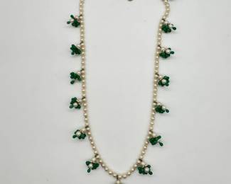 1930's French faux pearl necklace with green teardrop cluster spacers and sterling silver clasp