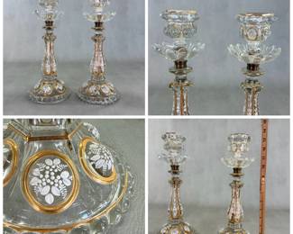More views of the pair of antique French Baccarat crystal medallion pattern white enameled and gilded candlestick holders