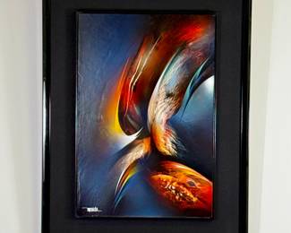 “Meteor” original painting by Leonardo Neirman, acrylic on masonite, signed, framed; painting size 16”W x 23”H, framed 24-1/2W x 32-½”H, reverse with Merrill Chase Galleries sticker and hand-written dedication "To Audrey and John with all my affection L Nierman ‘97" 