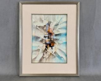 "Fishing Boats," watercolor painting by Leonardo Nierman, 9 X 13", signed, framed; reverse with attached clear sleeve containing brown paper with title of painting and dedication "For John & Audrey Paton with my very best wishes and affection L. Nierman 1983"