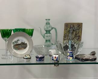 Limoges France porcelain trinket boxes; green cut-to-clear wine glasses; art glass bowls, and more