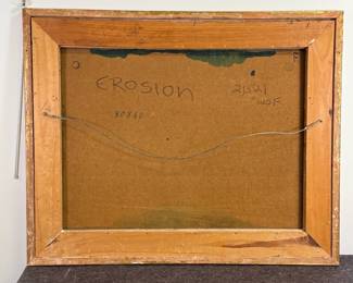 Reverse view of "Erosion," acrylic on masonite by Leonardo Nierman, signed, framed; painting 31-7/16"W x 23"W, framed dimension 38-1/2"W x 31-5/16"H, reverse with hand-written title of painting and dedication "For Audrey and John with all my affection L Nierman 1973"