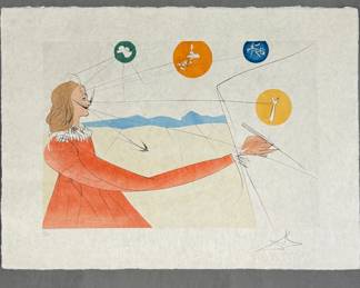 "Dalinean Prophecy" bonus print included in Salvador Dali’s “Objects and Imaginations of the Future” suite, 1975, Japon paper edition, 22-1/8” X 30-1/4”, signed in pencil and inscribed 'LVI/LXXV'