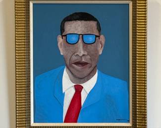 "Obama" original painting by outsider artist Dennis L. Olejarczyk. Acrylic on board, framed, signed and dated '09 lower right corner. Framed size 21"W x 25"H.