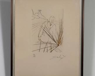 Salvador Dali's "Pierre Curie" drypoint etching with color from Dali’s "Medicine and Science" suite of 8 engravings, 1970, 5 x 8.5", hand-signed and marked with edition #121/125, framed.