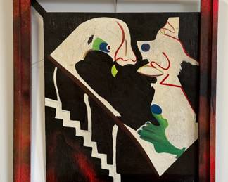 "Gossip on a Stairwell" – original oil painting on board by Michigan outsider artist Dennis L. Olejarczyk. Signed and titled on the back, framed, total size 25"W x 27"H.