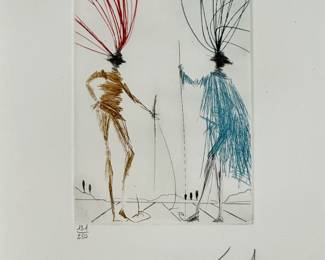 Closeup view of Salvador Dali's "The Two Gentlemen of Verona" drypoint etching with color from Dali's Shakespeare II suite, 1971,  hand signed and numbered 131/250.  Image is 5"x7", sheet is 17-1/2 x 12-1/4 inches. Full suite available at this sale.
