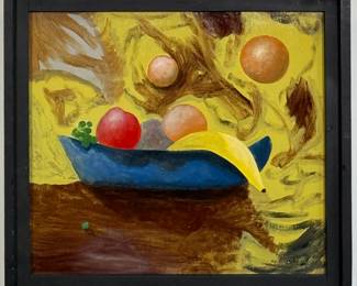 Original signed painting "Old Fruit" by outsider artist Dennis L. Olejarczyk of Muskegon, Michigan. Signed and dated '06 lower right corner; title, signature and date also on reverse. Framed size 25"W x 22-1/2"H.