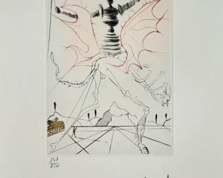 Closeup view of Salvador Dali's "Henry VI" drypoint etching with color from Dali's Shakespeare II suite, 1971,  hand signed and numbered 131/250.  Image is 5"x7", sheet is 17-1/2 x 12-1/4 inches. Full suite available at this sale.