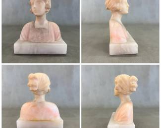 Views of a carved alabaster bust on a marble base, depicting “Mignon,” a romantic and widely recognized literary figure of the 19th century. 7-1/2" H x 6"W, European, late 19th to early 20th century.