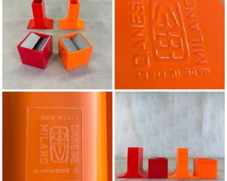 More views of the mid-century modern accessories in red and orange: vintage Cubo ashtrays designed by Bruno Munari in 1957 for Danese Milano, and Lampedusa pencil holders designed by Enzo Mari for Danese Milano in 1967