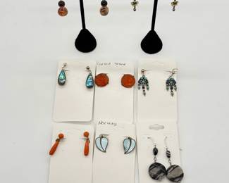 Vintage fashion earrings, some with abalone shell, carved natural stone, enamel, dangle earrings with striated agate