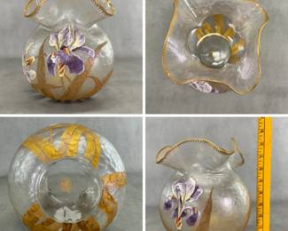 More views of the antique Mont Joye Legras art glass vase, acid etched and exquisitely enameled with iris flowers and leaves; marked on the base with the Mont Joye L C (Legras et Cie).  Measures approximately 8-1/2"H.
