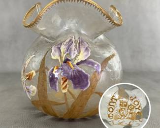 An antique Mont Joye Legras art glass vase, acid etched and exquisitely enameled with iris flowers and leaves; marked on the base with the Mont Joye L C (Legras et Cie).  Measures approximately 8-1/2"H.