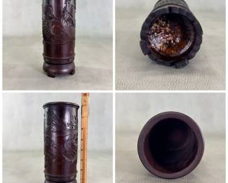 More views of the vintage Chinese carved bamboo scholar's brush pot (bitong), 8 inches tall, featuring a detailed high-relief carving of a phoenix bird. 