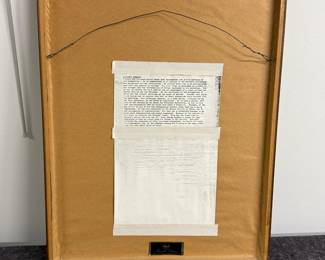 Reverse view of "Arabesque I" color lithograph by Leonardo Nierman; 11 X 16", signed, #120/150, framed; reverse has vintage foil gallery tag from Merrill Chase Galleries