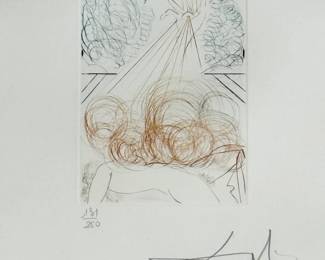 Closeup view of Salvador Dali's "Cymbeline" drypoint etching with color from Dali's Shakespeare II suite, 1971,  hand signed and numbered 131/250.  Image is 5"x7", sheet is 17-1/2 x 12-1/4 inches. Full suite available at this sale.