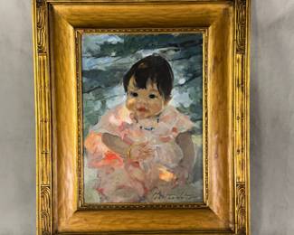 A framed oil painting of a child in a pink dress by American Impressionist painter Martha Walter (1875-1976). Walter was a well-known Philadelphia Impressionist who studied under William Merritt Chase at the Pennsylvania Academy of Fine Arts. Signature in lower right; painting is 12-3/8"W x 17-1/2"H, framed size 22-3/16"W x 27-3/16"H.