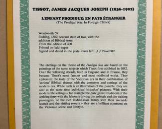 Closer view of reverse of James Tissot "The Prodigal Son: In Foreign Climes" Wentworth 59 etching, 15" X 13", 1882; second state of two, with the addition of Biblical texts, from the edition of 500, printed on laid paper, signed and dated in the plate lower left: J.J. Tissot 1881. Framed.
