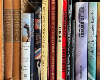 Books including The Original Watercolor Paintings by John James Audubon for The Birds of America 2-volume hardcover set published 1966, The National Parks, Native Universe Voices of the Indian America, King's Views of New York 1896-1915 & Brooklyn 1905, The Art Institute of Chicago 100 Masterpieces, Picasso and Chicago, Steppenwolf 25, The Best of Art Culinaire Magazine