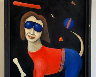 "Go Fetch! Yes Dear" - original oil painting by outsider artist D. L. Olejarczyk of Muskegon, Michigan. Oil on board, signed and dated '91 lower right corner. Framed size 24"W x 27"H.