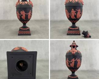 More views of the marvelous Wedgwood black basalt 'Dancing Hours' lidded urn, 10-1/2"H, with applied terracotta relief and Bacchus head handles. Exquisitely fine modeling on this museum quality piece!