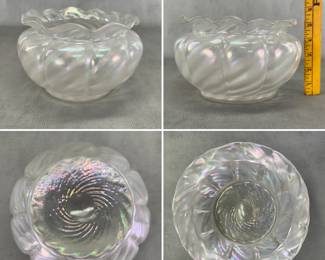 More views of the gorgeous vintage Steuben Glass 'Verre De Soie' ruffled ribbed bowl, shape #1561, measures 8"W x 5"H. The frosted, opalescent and iridescent Verre De Soie (French for "glass of silk") is one of the most celebrated art glass finishes created by Frederick Carder for the Steuben Glass Works in Corning, New York, during the early 20th century (roughly 1903–1932.)