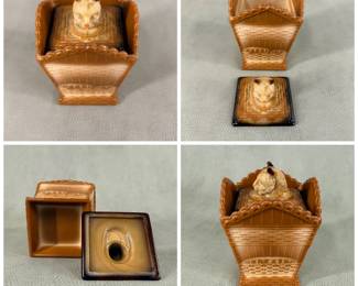 Antique Greentown Chocolate Glass EAPG lidded "cat on a hamper" box, 5"H, manufactured first quarter of 20th century by the Indiana Tumbler & Goblet Company in Greentown, Indiana