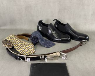 Silk Givenchy and Valentino men's ties, men's belts including Aventura Spain black leather belt and Sandy Duftler Designs embossed black leather belt;  a vintage Christian Dior black leather long bi-fold checkbook / credit card wallet, and pair of Bed/Stu Leoni men's black slip-on shoes size 11