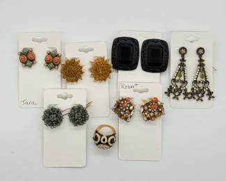 Vintage costume jewelry earrings, and a 1980s Valentino gold-toned, black enamel dome cocktail ring featuring clear rhinestone-studded organic swirls and paisley-like motifs